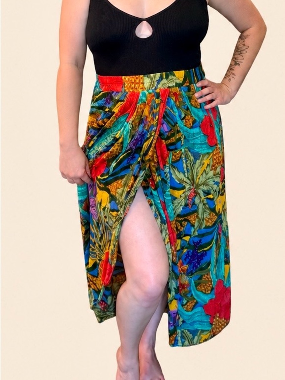 New Aura Vintage 90s Faux Wrap Tropical Print Maxi Skirt Rayon small